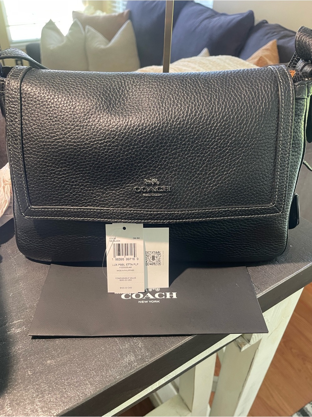 Coach Large Etta Flap Black Pebbled Leather Messenger Bag